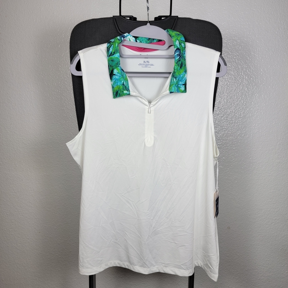 Tommy Bahama White Sleeveless Polo Tank with Green Blue Tropical Collar